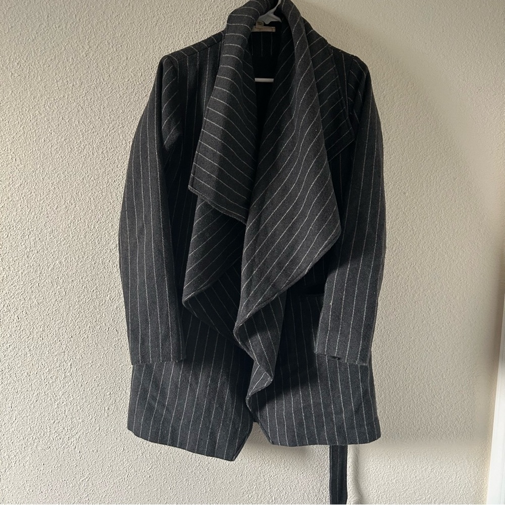 Love Stitch Women’s Coat Small Gray Striped Open Waterfall Front Winter Fall
